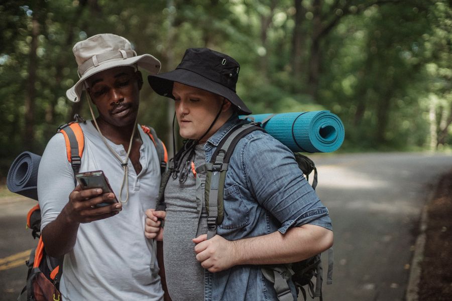 Young multiethnic tourists with hiking equipment surfing internet on cellphone on roadway against trees.